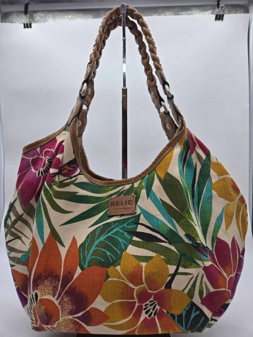 Relic Tropical Floral Shoulder Bag Orange Green Braided Strap Hobo Purse EUC